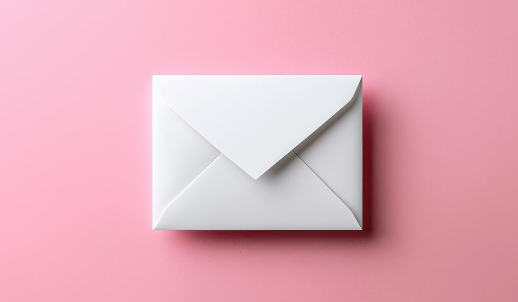 Plain white envelope against a pink background