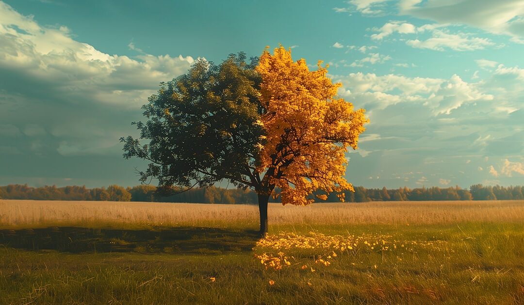 A tree transitioning from summer to fall leaves - campaigns
