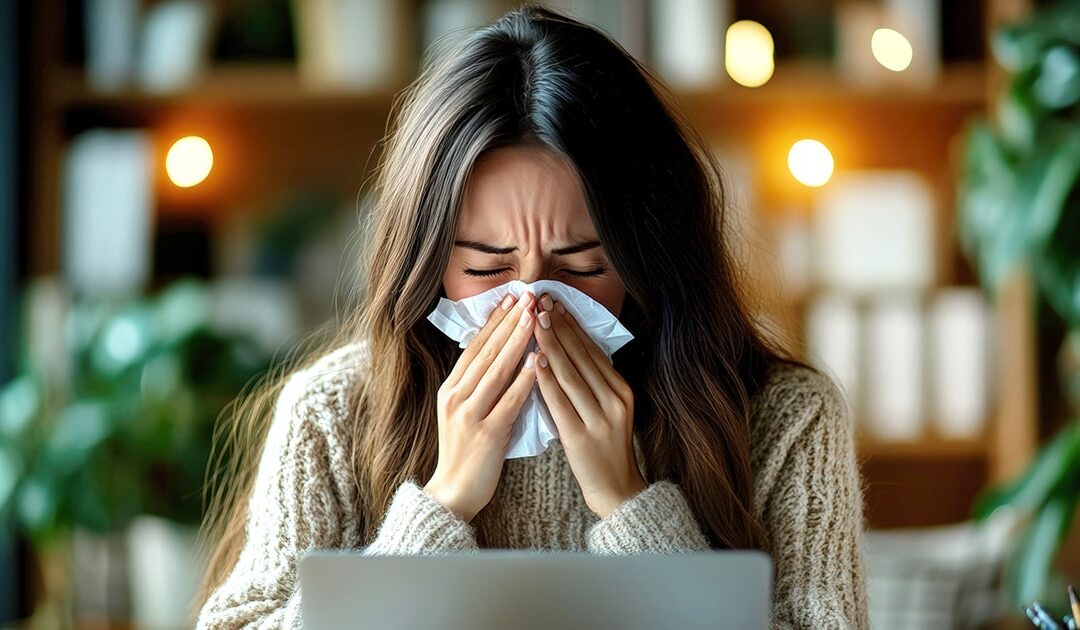 Female sneezing into a tissue - tips for keeping office clean during flu season