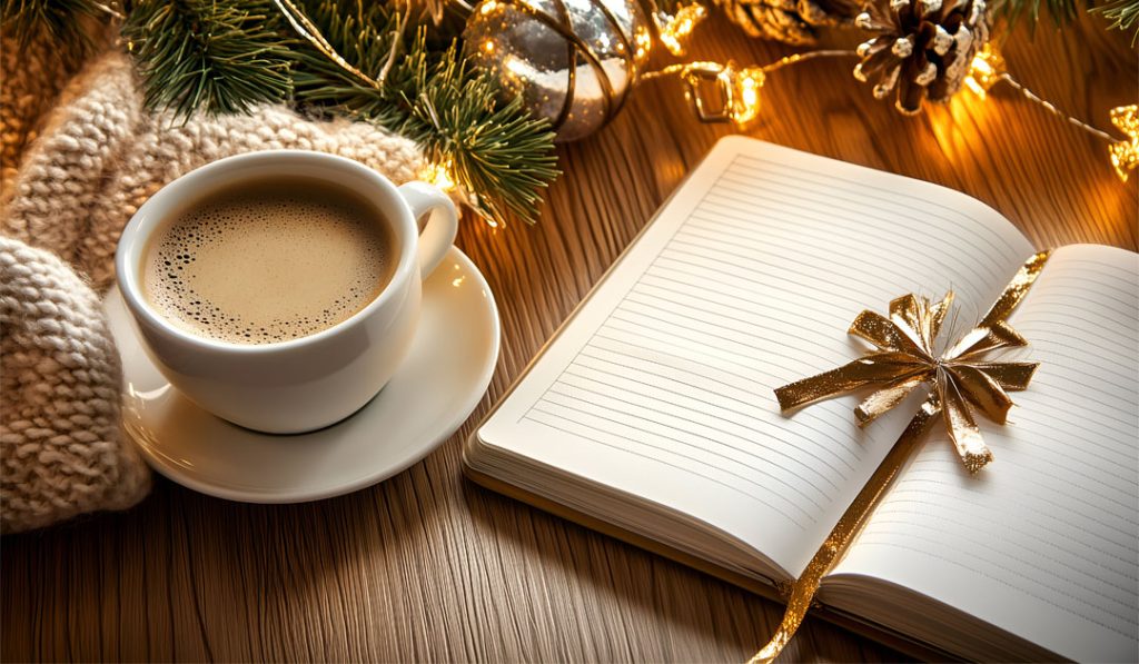 Hot cocoa and a notebook on a table with a holiday setting - how to reduce holiday stress