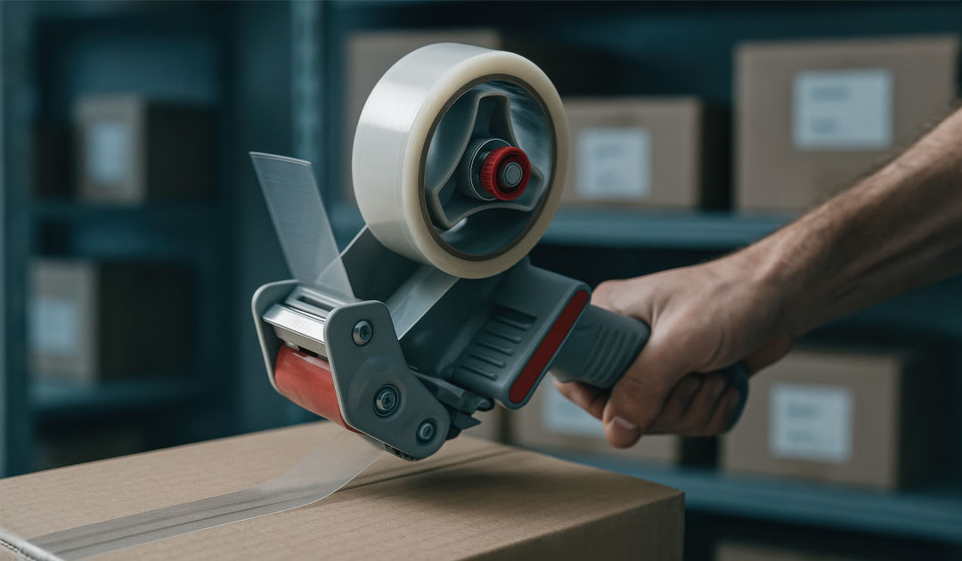 Person using a tape dispenser to apply packaging tape to a box - shipping and packaging tape