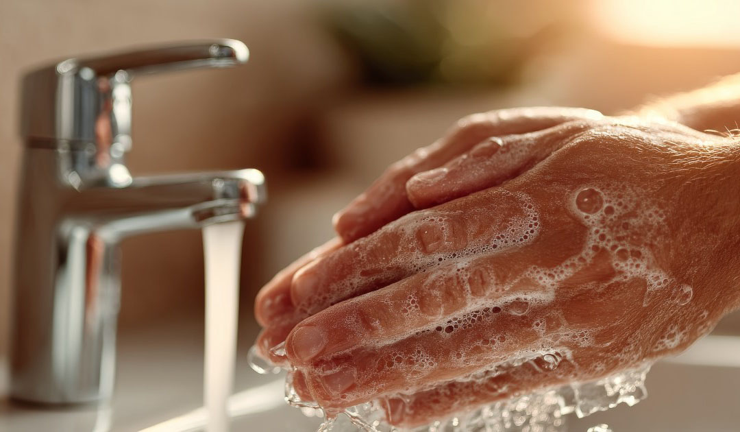 Person washing hands with soap with water running in background - foaming handsoap