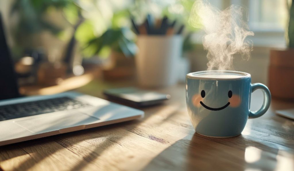 Steaming cup with a smiley face printed on it sitting on a desk